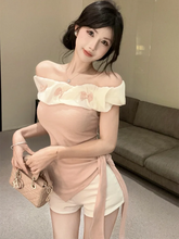 BXOXO Sexy Off Shoulder Slim T Shirt Women Elegant Fashion Slash Neck Sweet Tees Korean Lace Up Design Irregular Butterfly Tops
